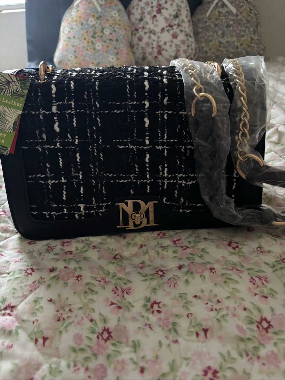 Badgley Mischka Black & White Tweed Chain Shoulder Bag